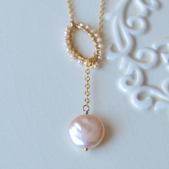 Pink Coin Pearl Lariat Necklace - Hand Made in Canada - Picture 10 of 10